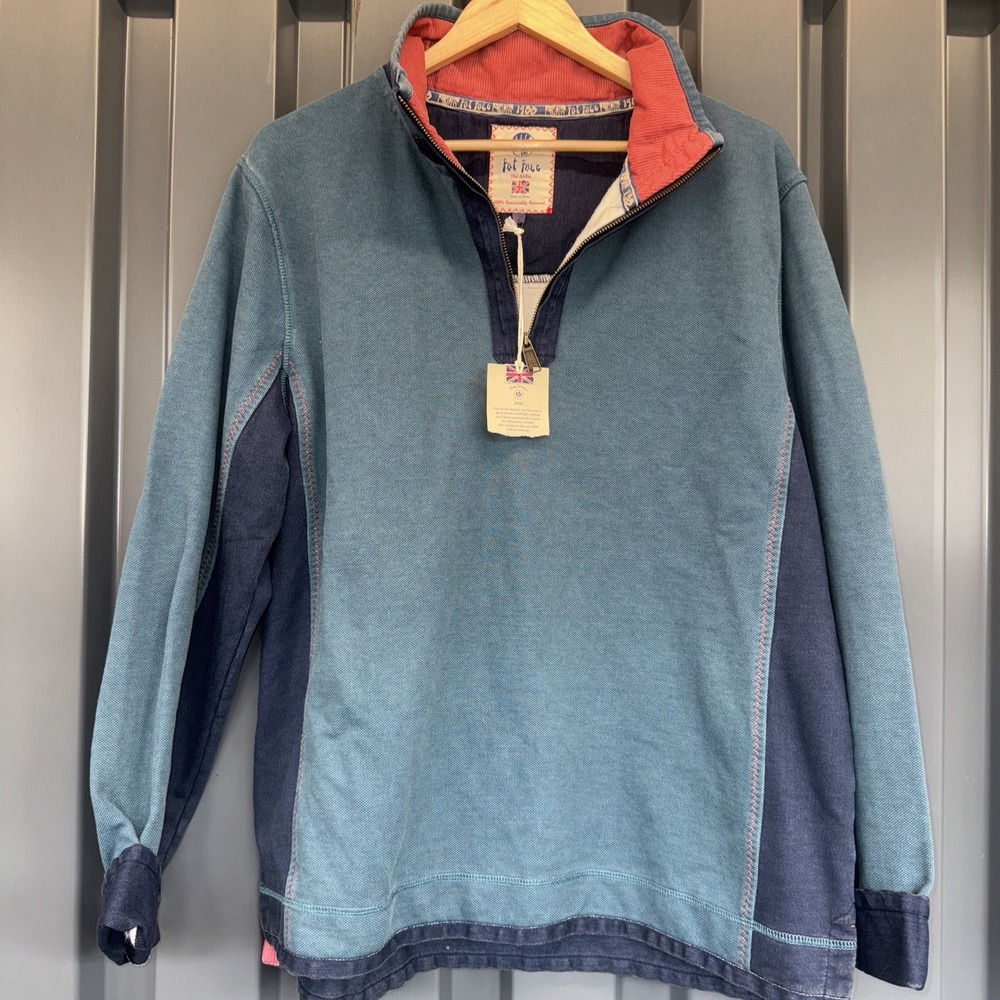 Fat Face Sweatshirt Men L Iconic Airlie 1/4 Zip Pullover Heavyweight Blue Canvas